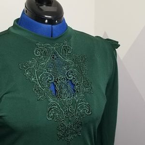 EUC Lace Cut Out Green Long Sleeve Top